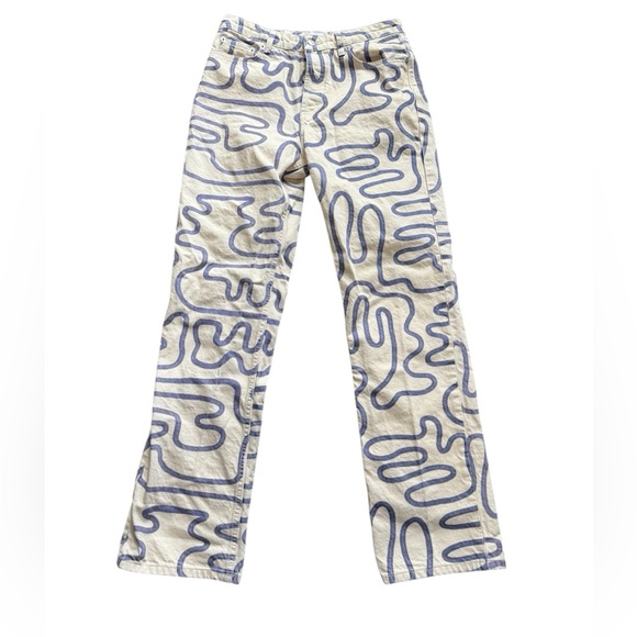 Zara Abstract doodle, cotton jean, button closure, high waist, straight leg, sz8 - Picture 2 of 9